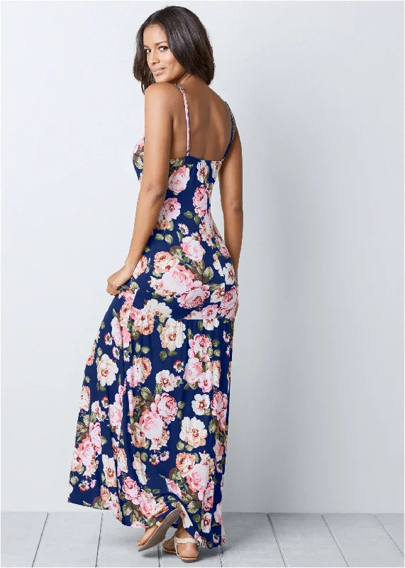 Button-Front Maxi Dress - Navy Multi