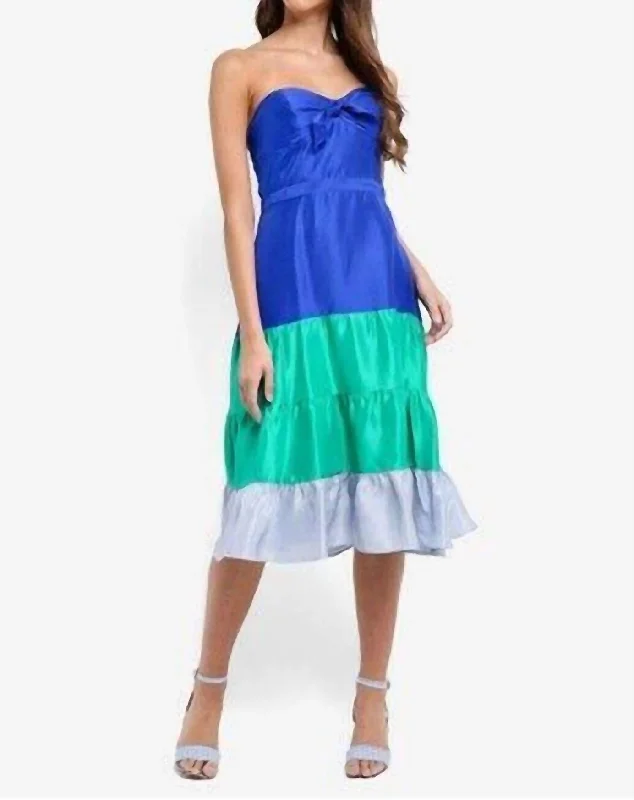 Jackaroo Silk Strapless Flare Dress In Green, Blue