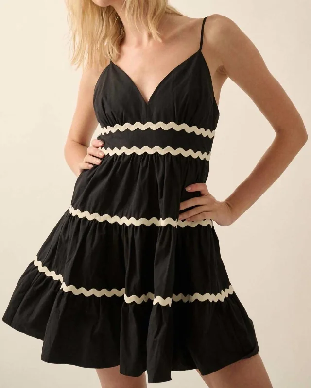 Solid Rickrack Trimmed Tiered Mini Sundress In Black | Black