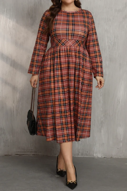 Plaid Round Neck Long Sleeve Midi Dress