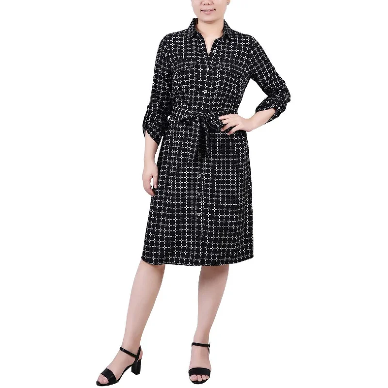 Petites Womens Printed Knee Length Shirtdress