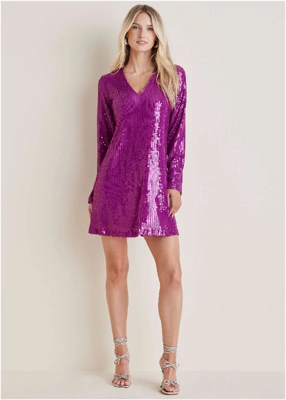 Sequin Long-Sleeve Mini Dress - Cattleya Orchid