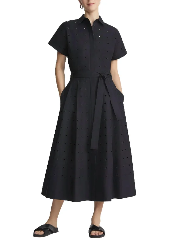 Hand-Cut Block Eyelet Shirt Dress In Black