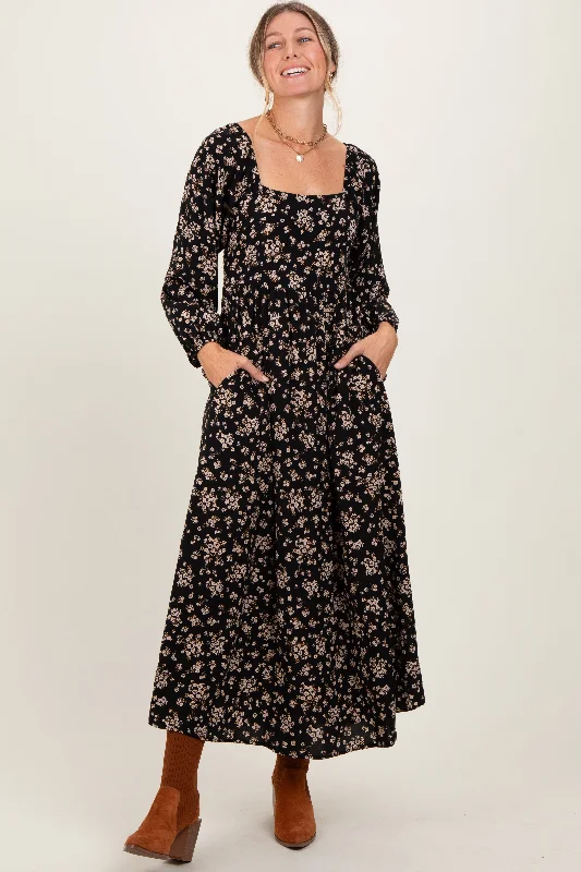 Black Floral Square Neck Long Sleeve Maxi Dress