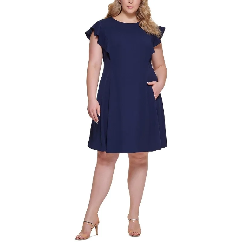 Plus Womens Solid Crepe Fit and Flare Dress