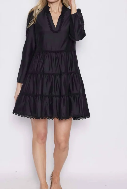 Black Lace Trim Long Sleeve Tunic Flare Dress