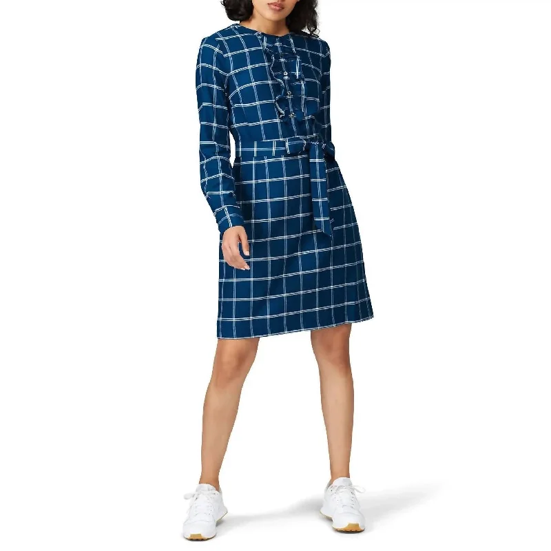 Windowpane Ruffle Shirt Dress In Deep Teal