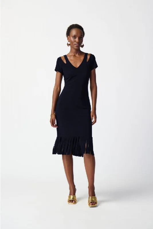 Joseph Ribkoff Cutout Detail Fringe Hem Midi Sheath Dress 241053