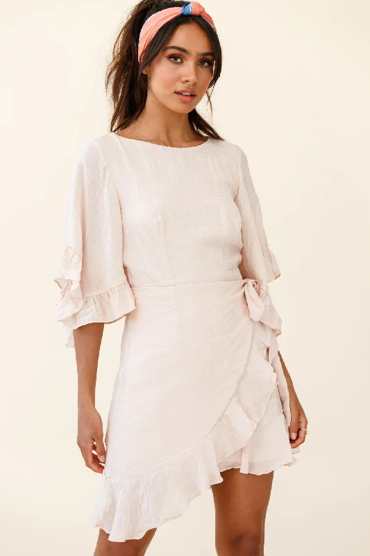 Make It Happen Flared Sleeve Ruffle Trim Dress Beige