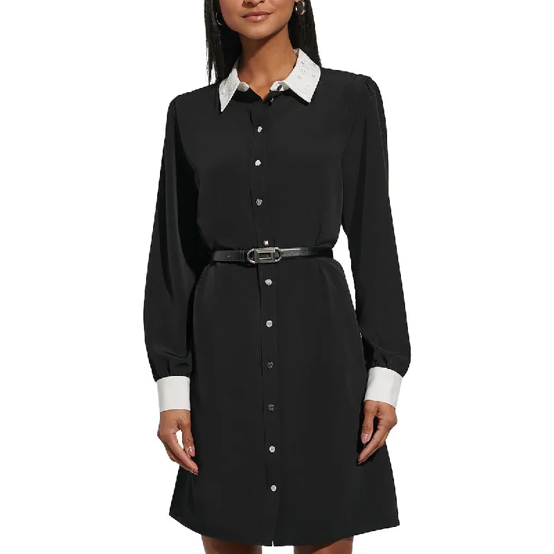 Womens Crepe Contrast Collar Shirtdress