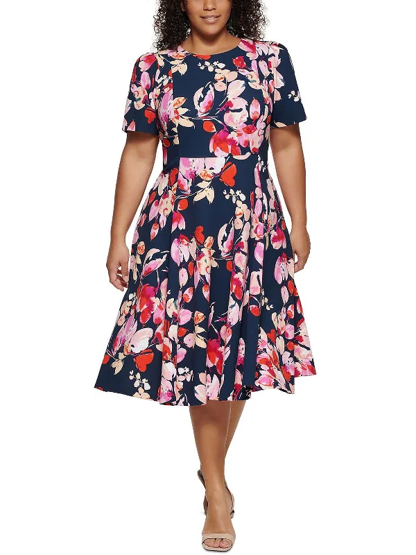 Plus Womens Floral Short Sleeves Fit & Flare Dress