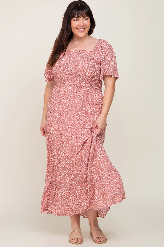 Mauve Floral Smocked Flounce Sleeve Plus Maxi Dress