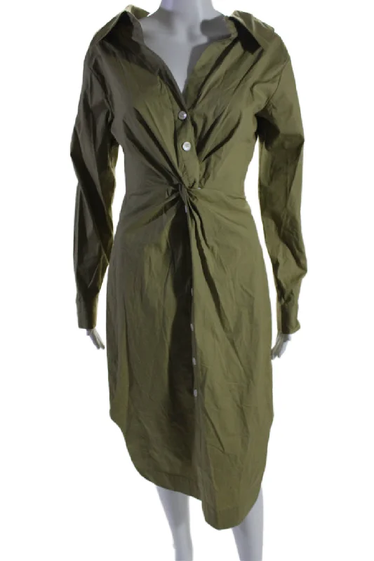 Staud Womens Button Front Long Sleeve Collared Shirt Dress Green Cotton