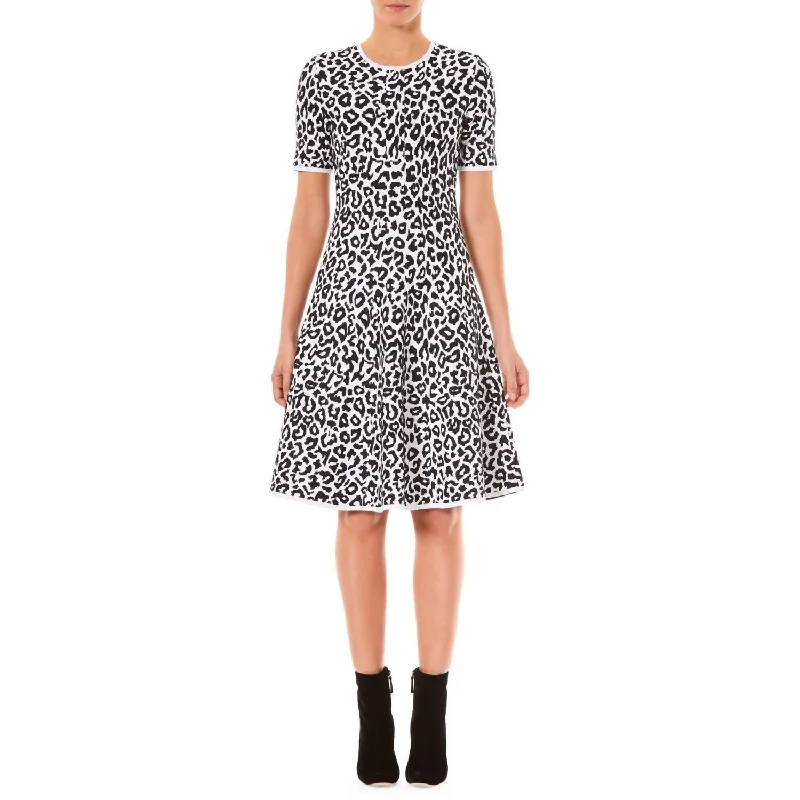 Leopard Print Knit Flare Dress In Black/white