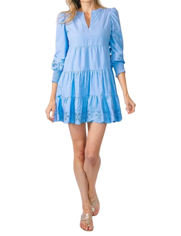 Long Sleeve Tunic Flare Dress In Blue