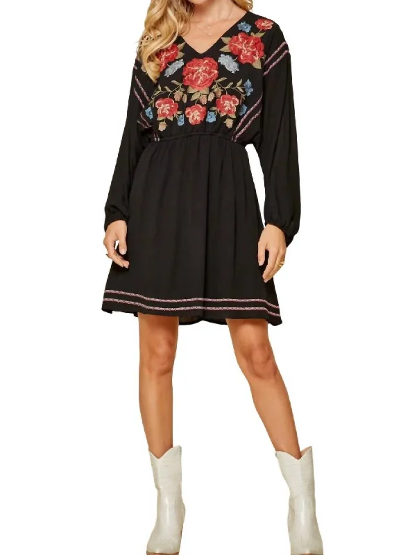 Embroidered Fit & Flare Dress In Black