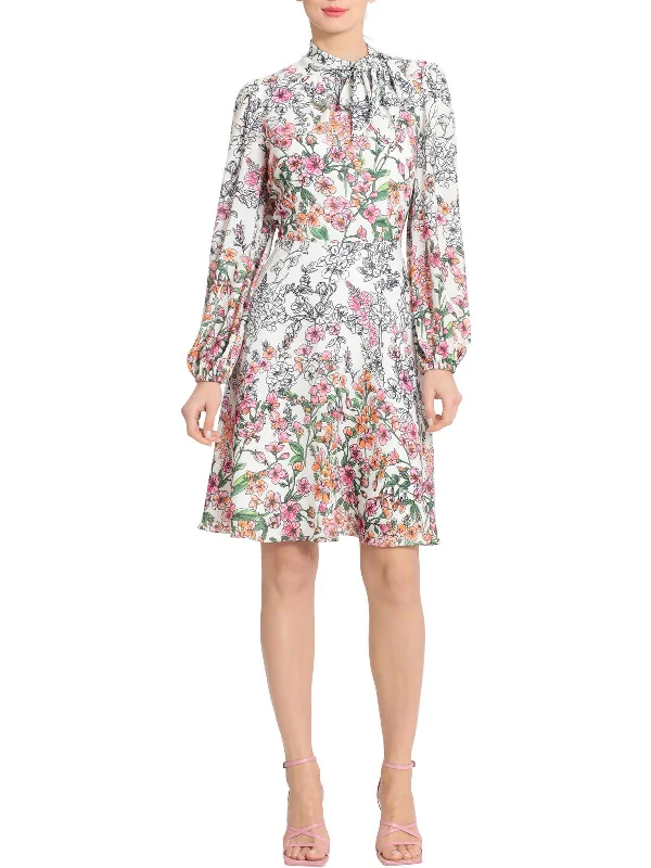 Womens Floral Tie Neck Fit & Flare Dress