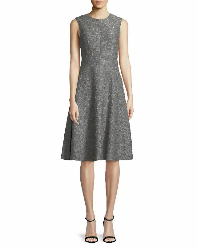 Sequin Sleeveless Seamed Fit & Flare Twill Midi Dress In Gray