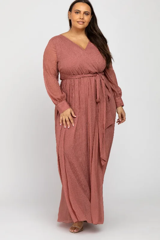 Pink Metallic Chiffon Plus Maxi Dress