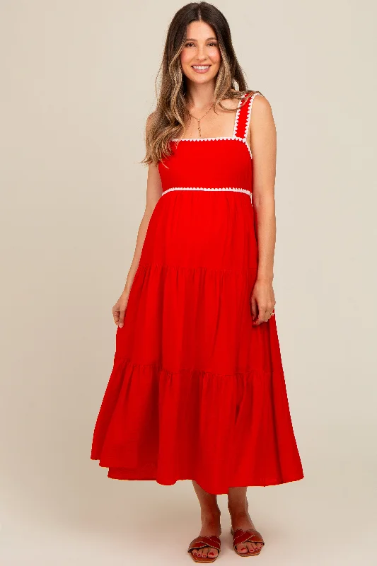 Red Scallop Trim Tiered Maternity Midi Dress