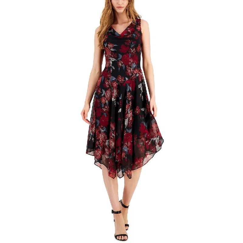 Petites Womens Handkerchief Hem Floral Fit & Flare Dress