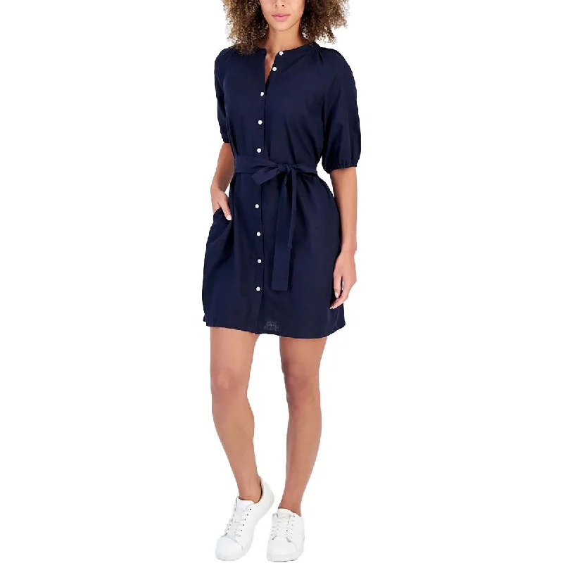 Womens Pocket Solid Shirtdress