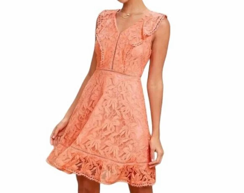 Rease Lace Ruffle Detail Fit And Flare Short Dress In Orange