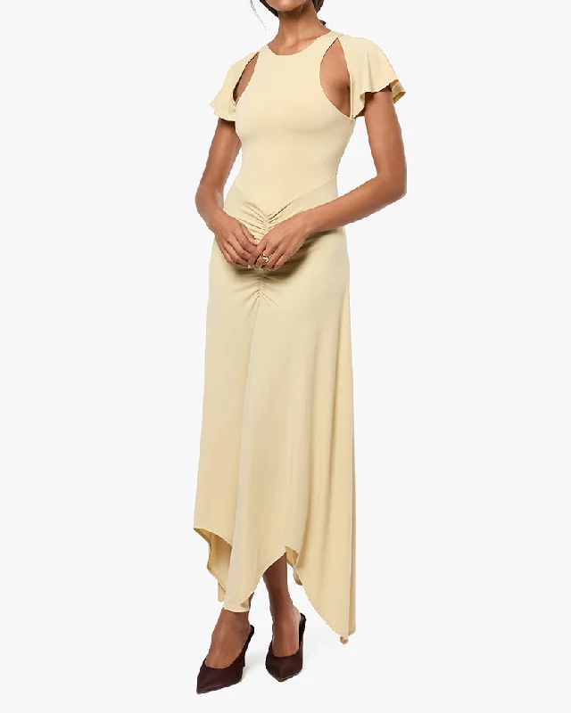 Ruched Cut Out Asymmetrical Midi Dress