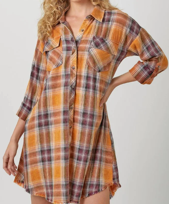 Rolled Up Sleeve Washed Plaid Shirt Dress In Pumpkin