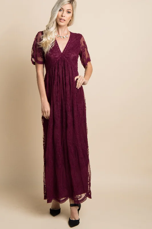 Burgundy Lace Mesh Overlay Maxi Dress