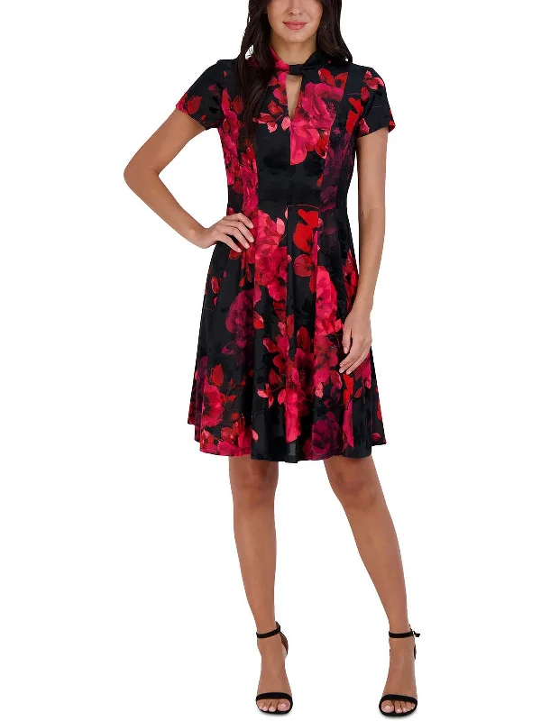 Petites Womens Floral Print Cut Out Fit & Flare Dress