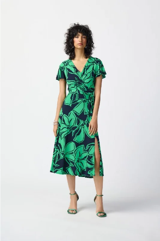 Joseph Ribkoff Midnight Blue/Green Floral Print Faux Wrap Flowy Midi Dress 241052