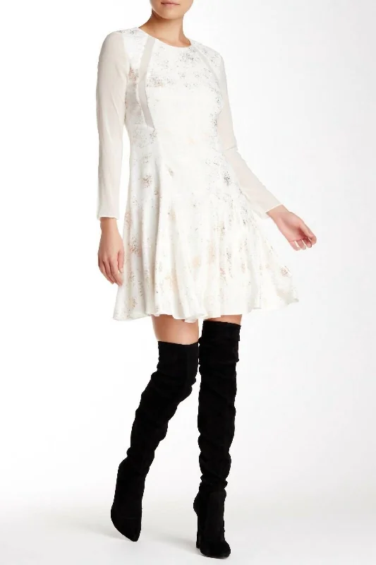 Silk Rosegold Foil Print Above Knee Fit Flare Dress In White