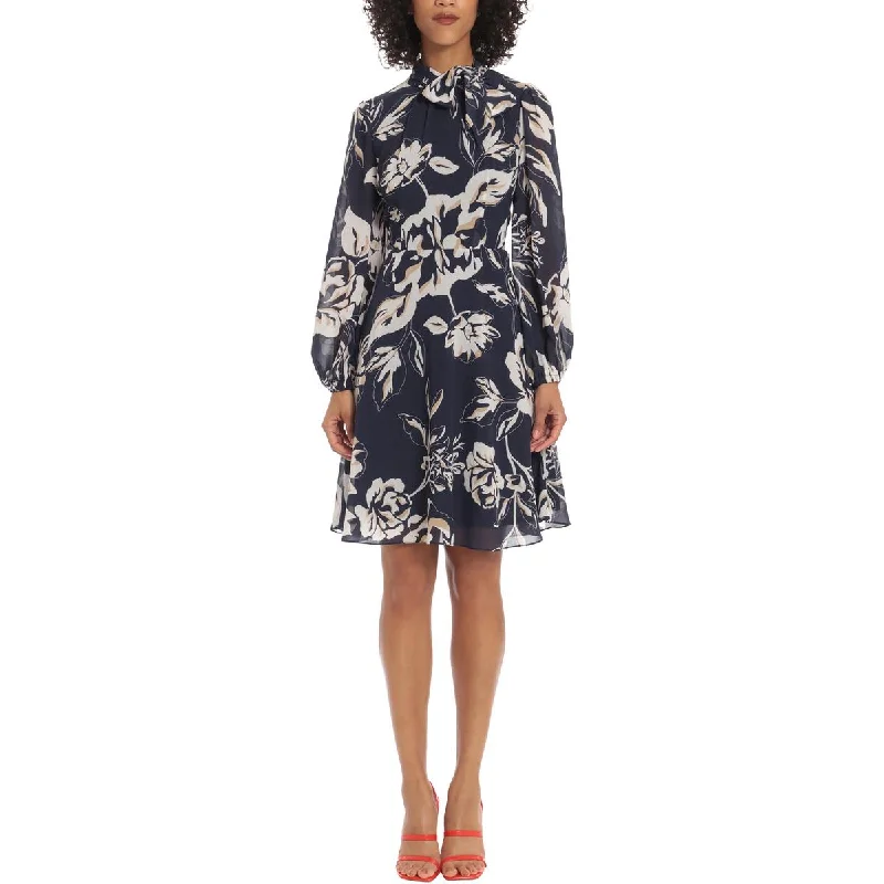 Womens Floral Print Tie-eck Fit & Flare Dress