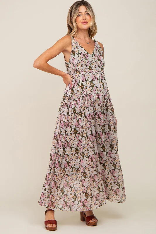 Pink Floral Chiffon Sleeveless Maternity Maxi Dress