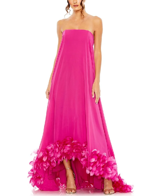 Mac Duggal Strapless Flare Feather Hem Gown