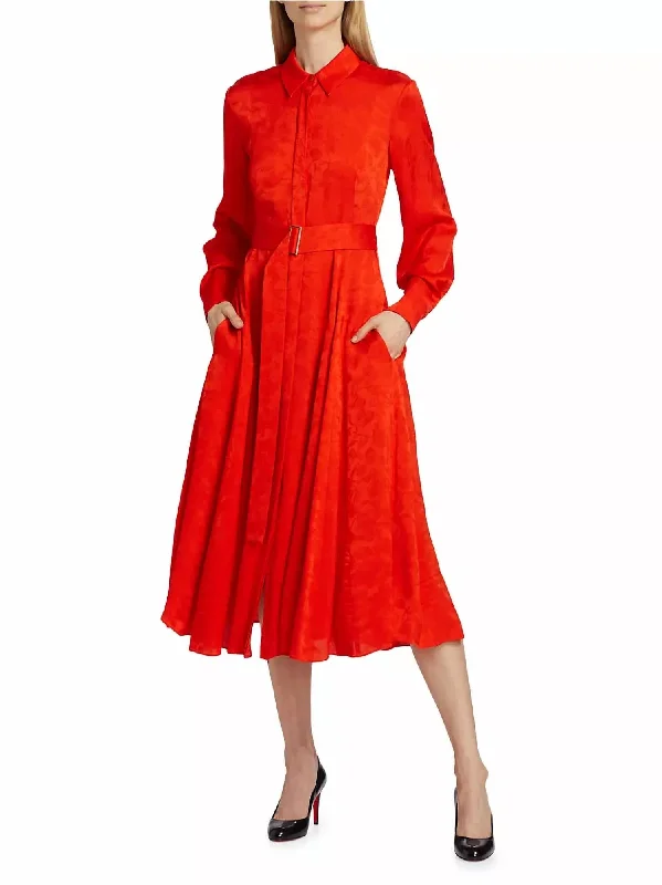 Long Sleeve Pleated Shirtdress With Belt In Coral