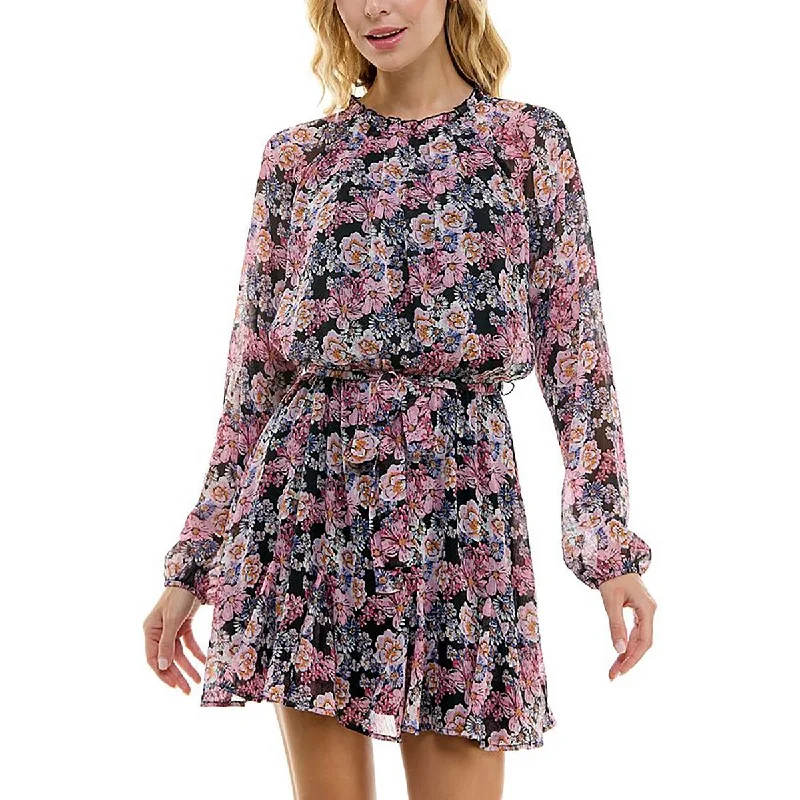 Juniors Womens Chiffon Floral Print Fit & Flare Dress