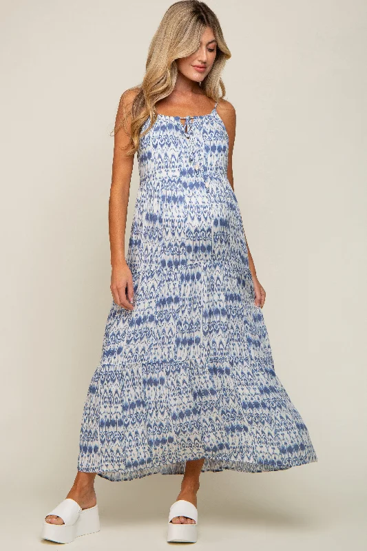 Blue Printed Tiered Maternity Maxi Dress