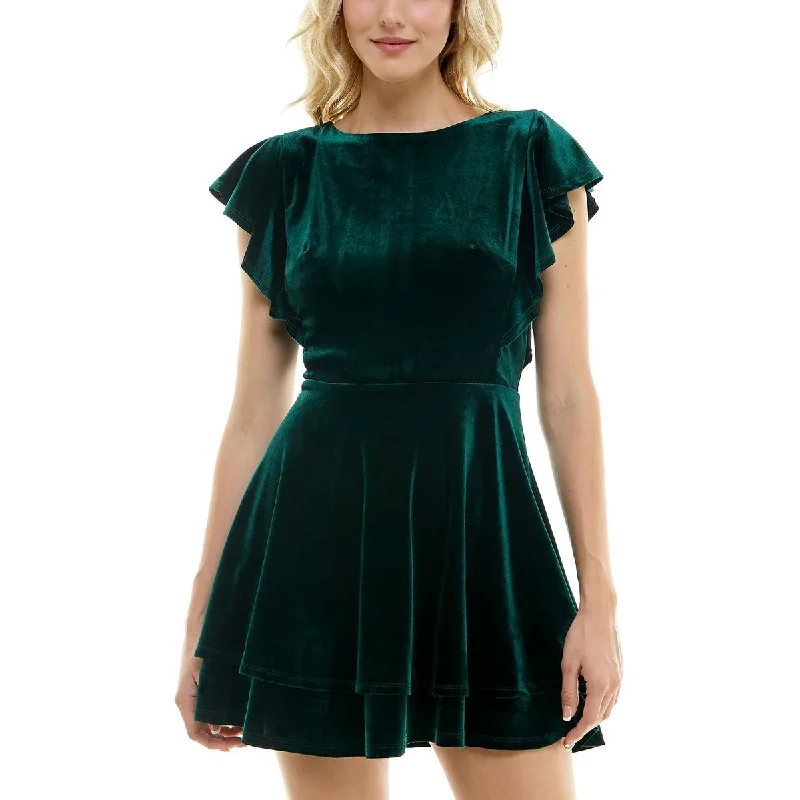 Juniors Womens Velvet Flutter Sleeves Fit & Flare Dress