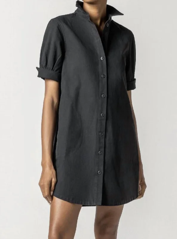 Cuff Sleeve Shirt Dress In Black