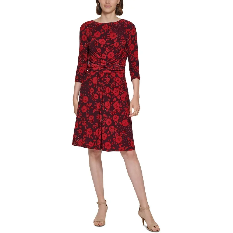 Petites Womens Jersey Floral Fit & Flare Dress