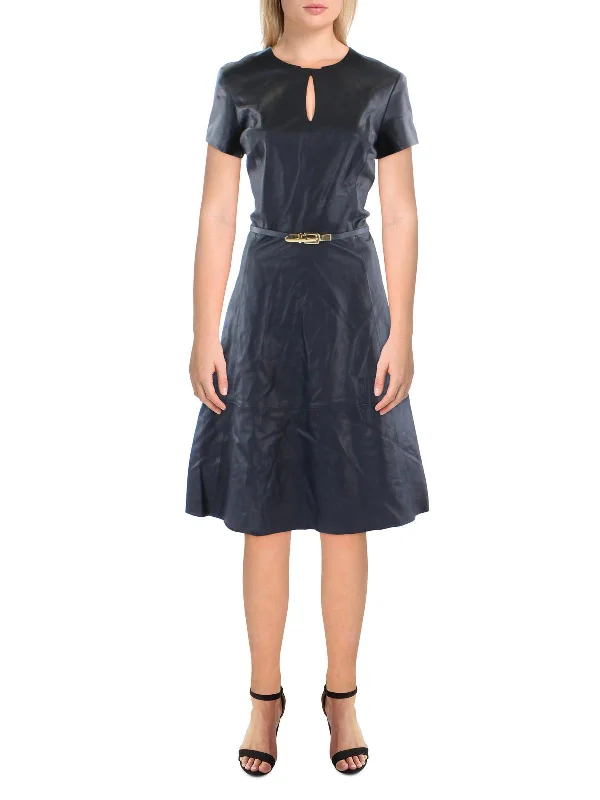 Womens Leather Knee-Length Fit & Flare Dress