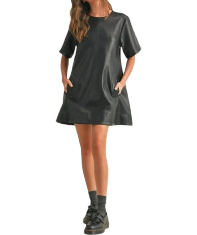 Pu Short Sleeve Flare Bottom Dress In Black