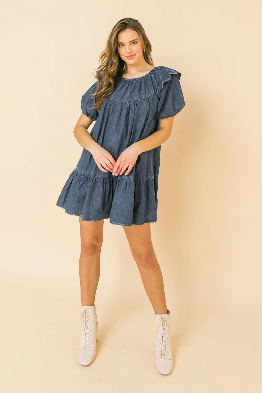 CHEERFUL SIGHTS DENIM MINI DRESS