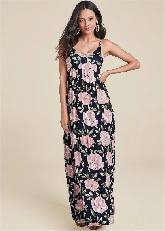 Floral Printed Maxi Dress - Navy Multi