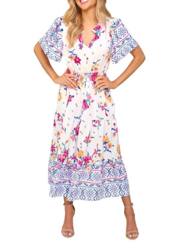 Floral Fit And Flare Maxi Dress In Ivory/blue