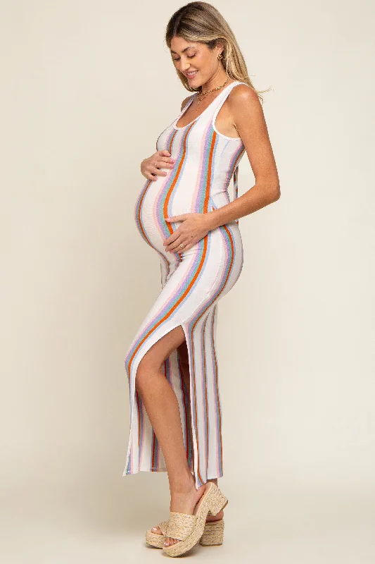 Multi Color Striped Open Back Maternity Maxi Dress