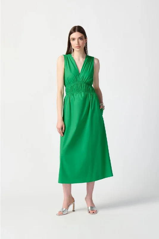 Joseph Ribkoff Island Green Shirred V-Neck Sleeveless Midi A-Line Dress 241127