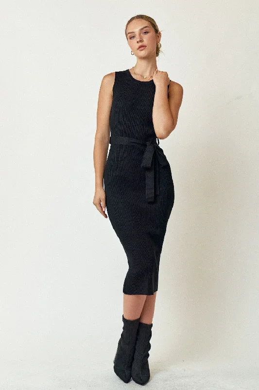 Black Rib Knit Sleeveless Midi Dress